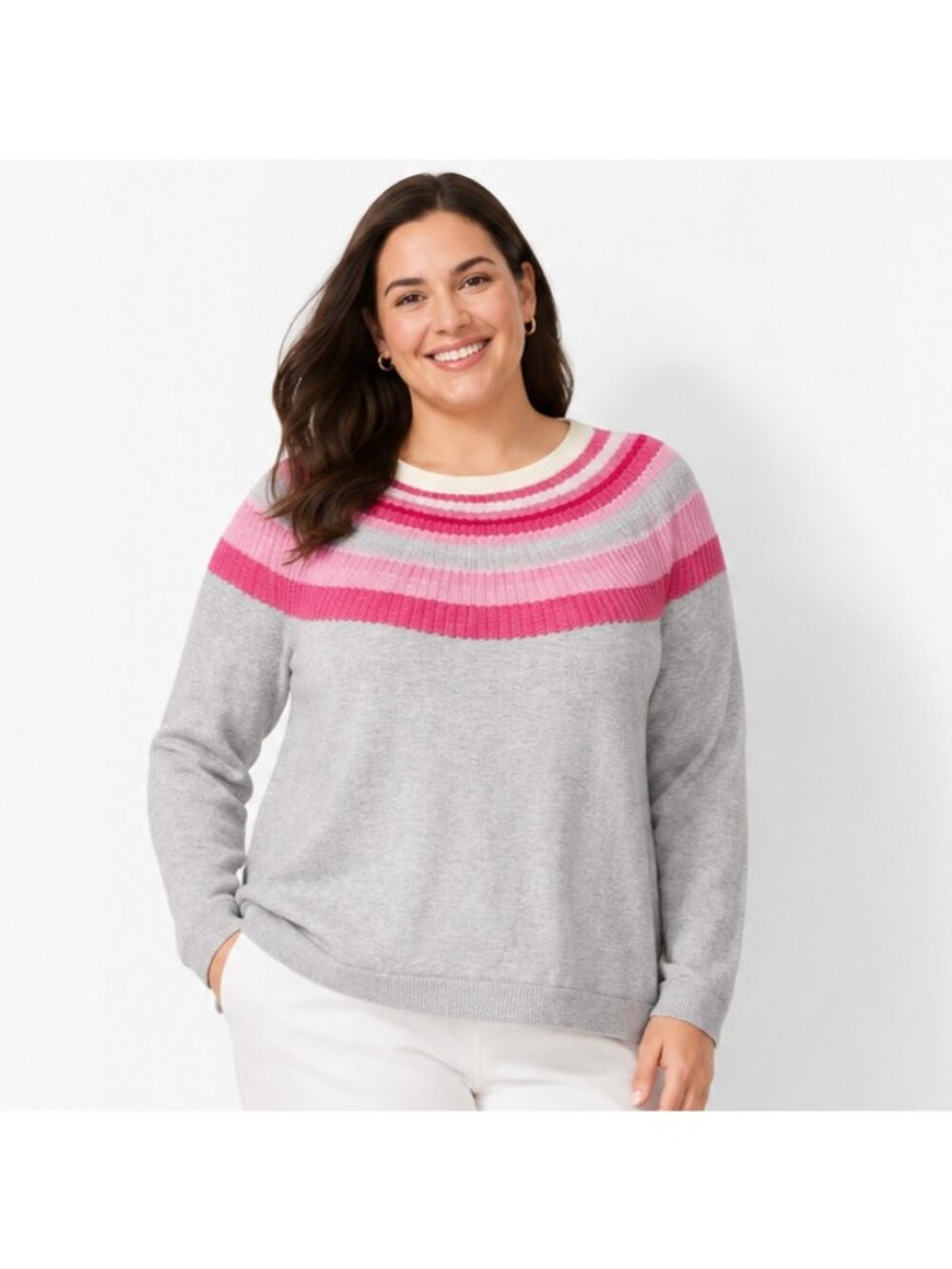 Talbots Womens XL Gray Pink Fair Isle Style Rib Yoke Crewneck Sweater